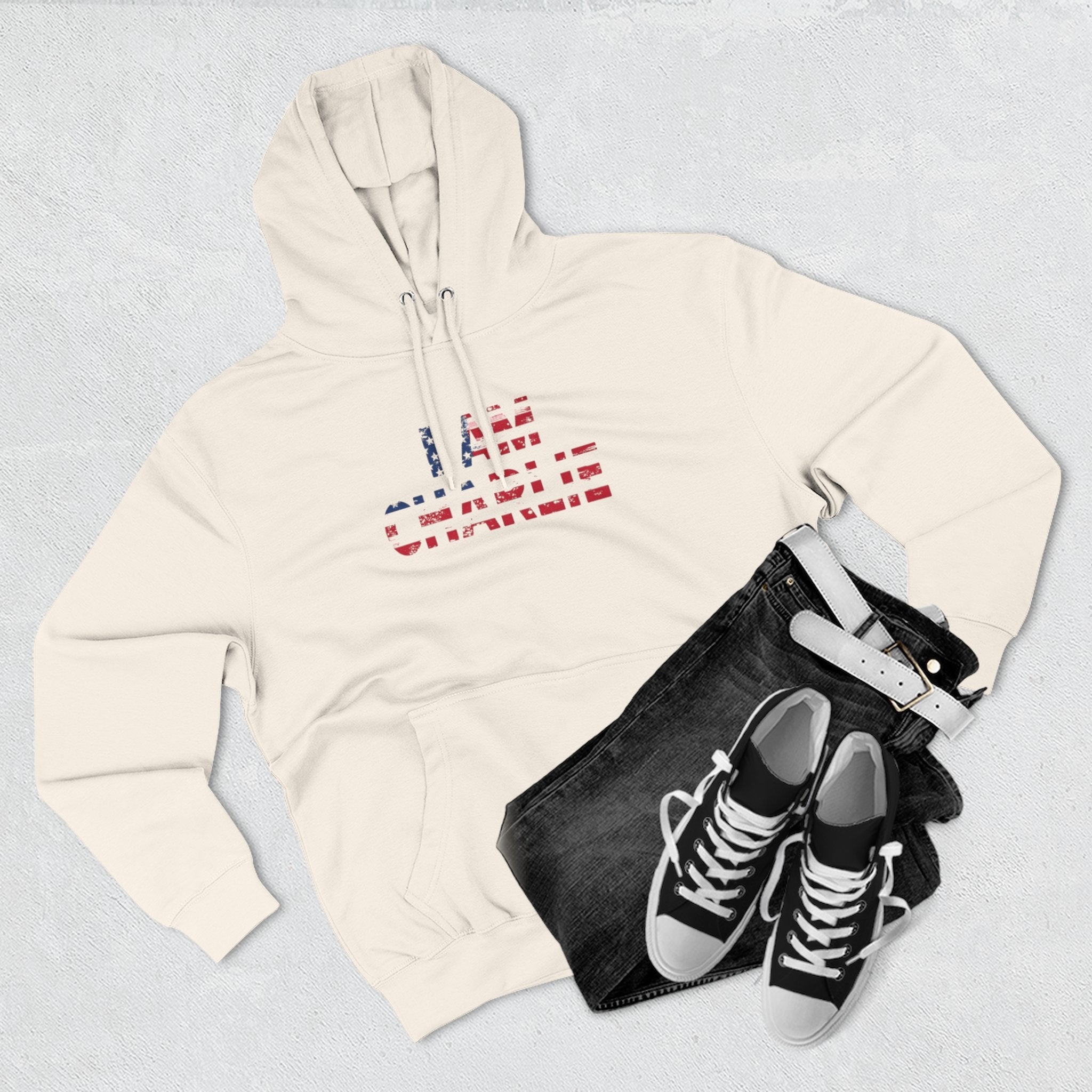 Patriotic Fleece Hoodie - I AM CHARLIE, Cozy Sweatshirt, Political Apparel, Gift for Activists, Casual Wear