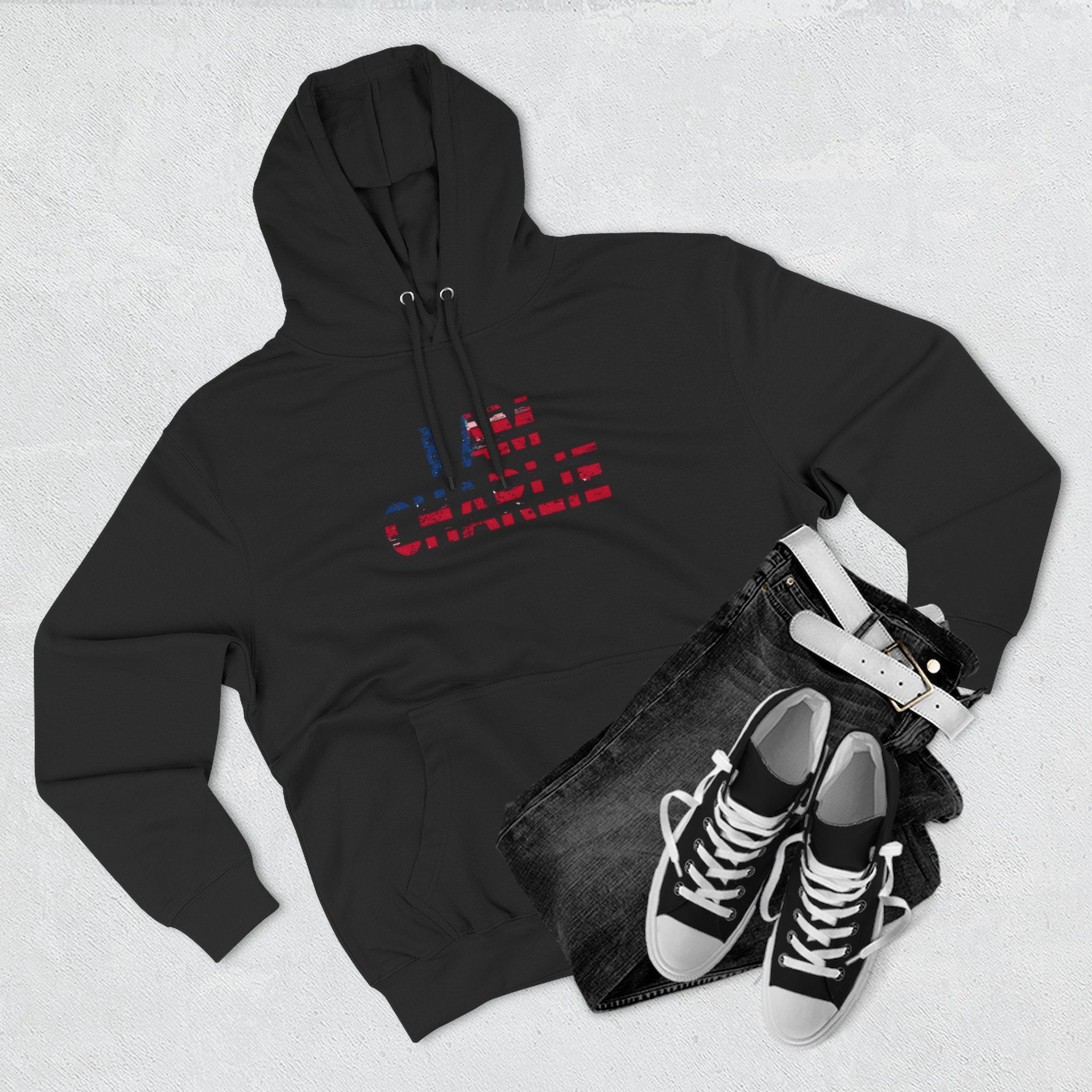 Patriotic Fleece Hoodie - I AM CHARLIE, Cozy Sweatshirt, Political Apparel, Gift for Activists, Casual Wear
