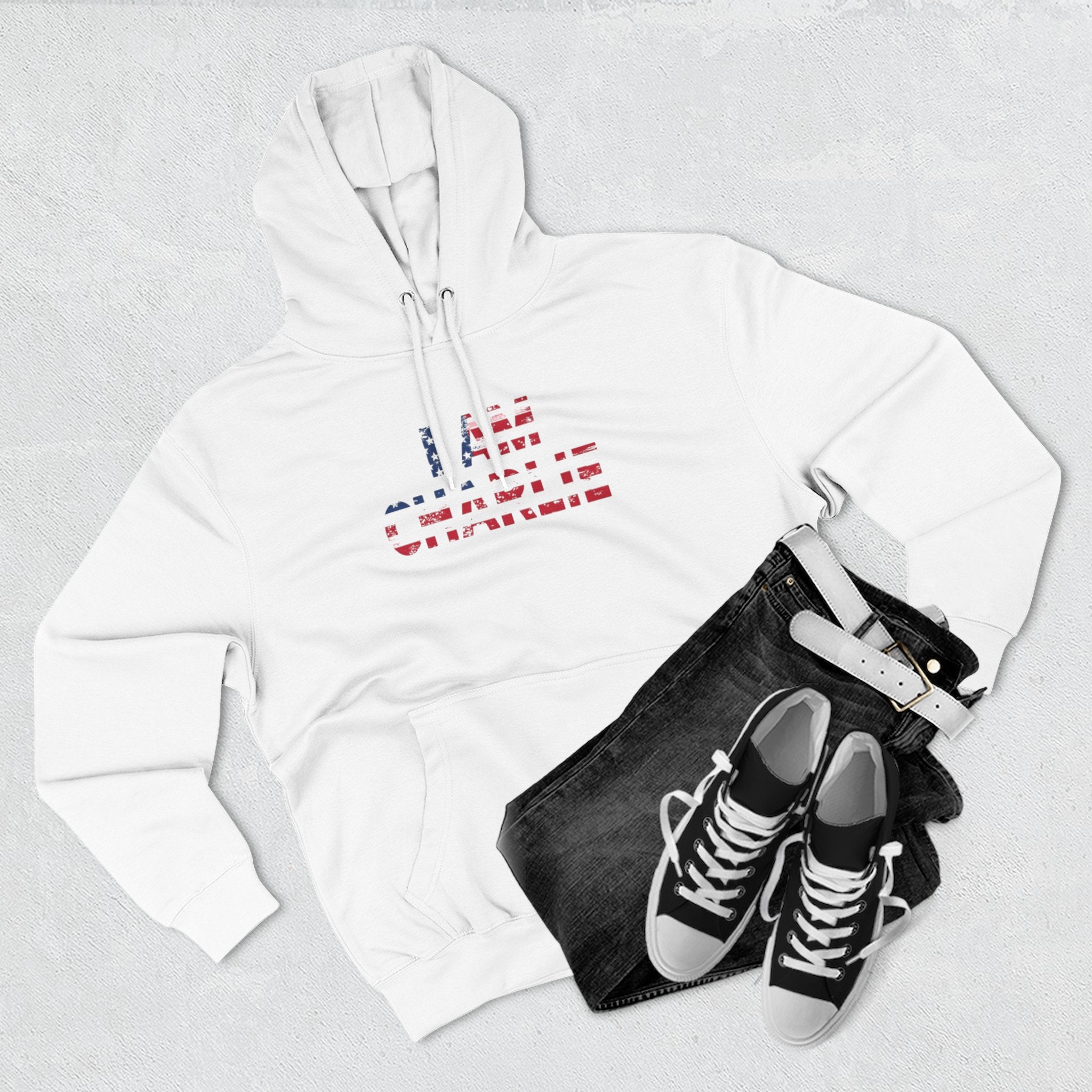 Patriotic Fleece Hoodie - I AM CHARLIE, Cozy Sweatshirt, Political Apparel, Gift for Activists, Casual Wear
