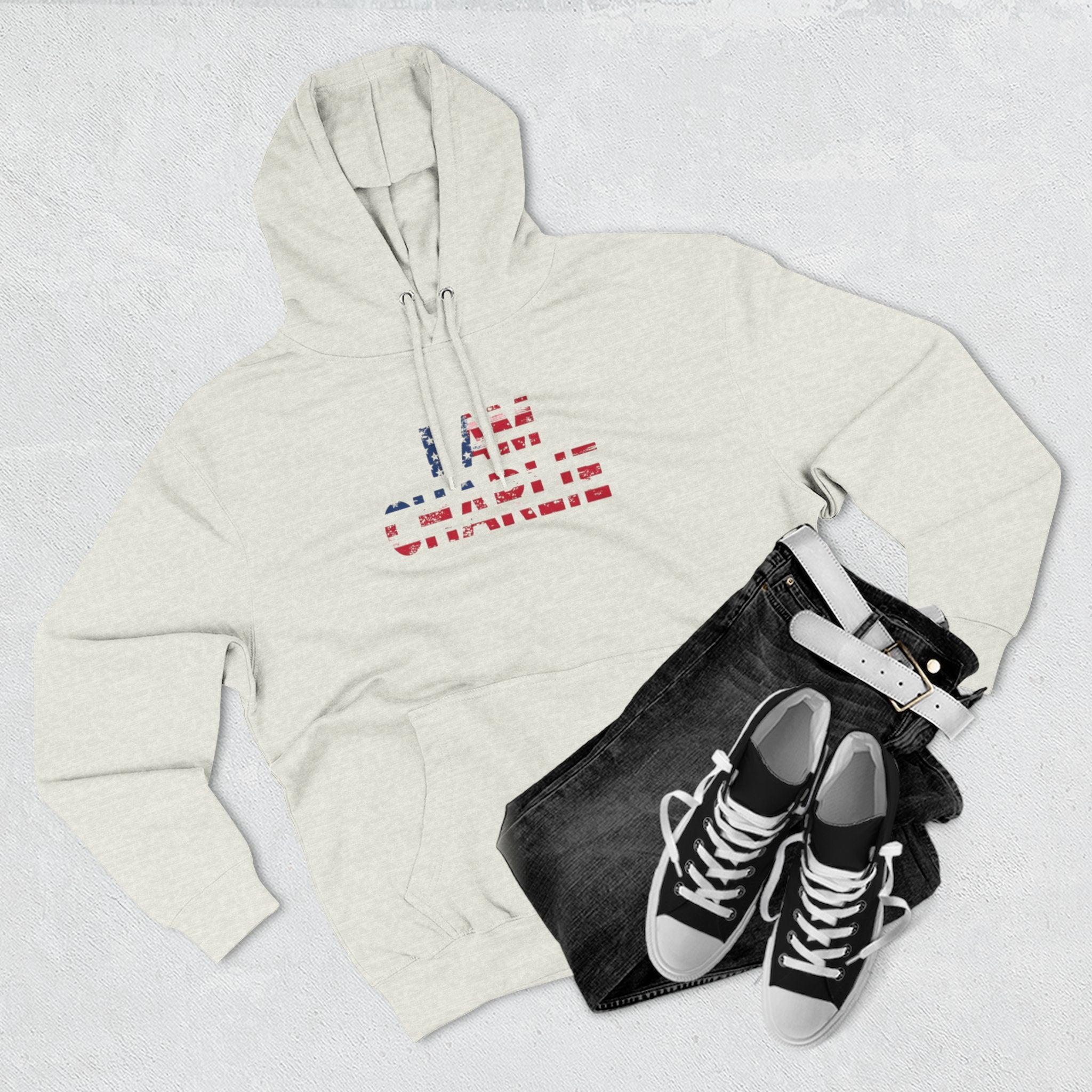 Patriotic Fleece Hoodie - I AM CHARLIE, Cozy Sweatshirt, Political Apparel, Gift for Activists, Casual Wear